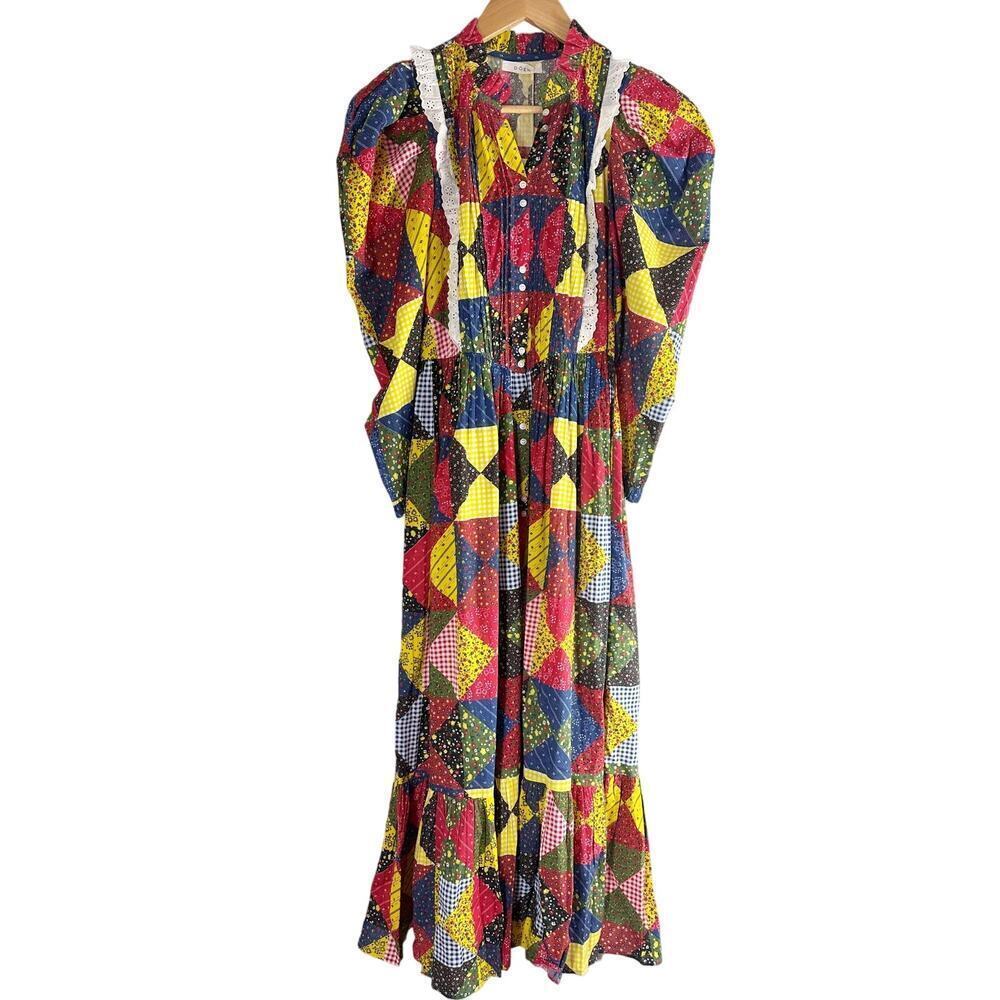 Doen Nicoletta Patchwork Print Organic Cotton Midi Dress Size XS
